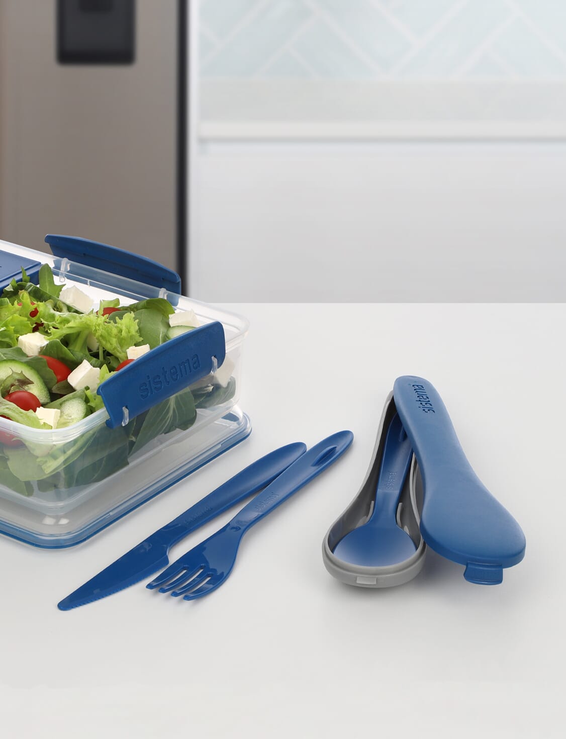 Lunch Box with Cutlery Set, Bento Box 1 L Spoon Fork Knife Large Capacity Leakproof Plastic Oven Dishwasher Safe Blue