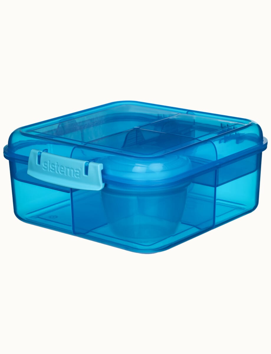 Restaurantware Bento Tek 41 oz Blue & White Buddha Box All-in-One Lunch Box - with Utensils, Sauce Cup - 7 1/4 x 4 1/4 x 4 - 1 Count Box